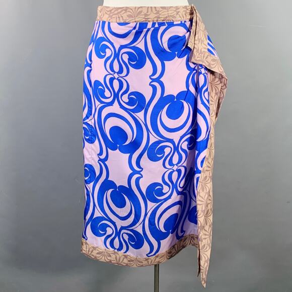 DRIES VAN NOTEN Size 10 Blue Mauve Silk Swirl Asymmetrical Midi Scarf Skirt - Picture 1 of 6